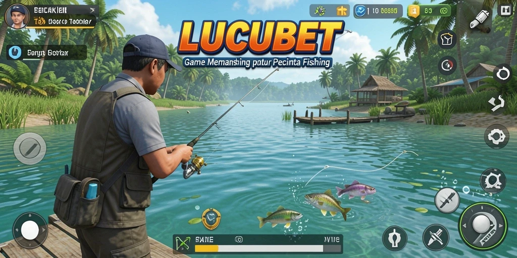 Screenshot utama LUCUBET menampilkan pemain sedang memancing di lokasi yang indah.