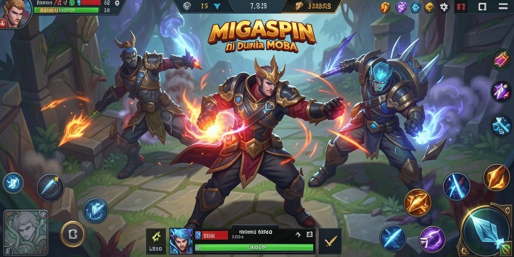 Tangkapan layar gameplay <strong>MIGASPIN</strong> yang menunjukkan pertarungan intens di arena MOBA.